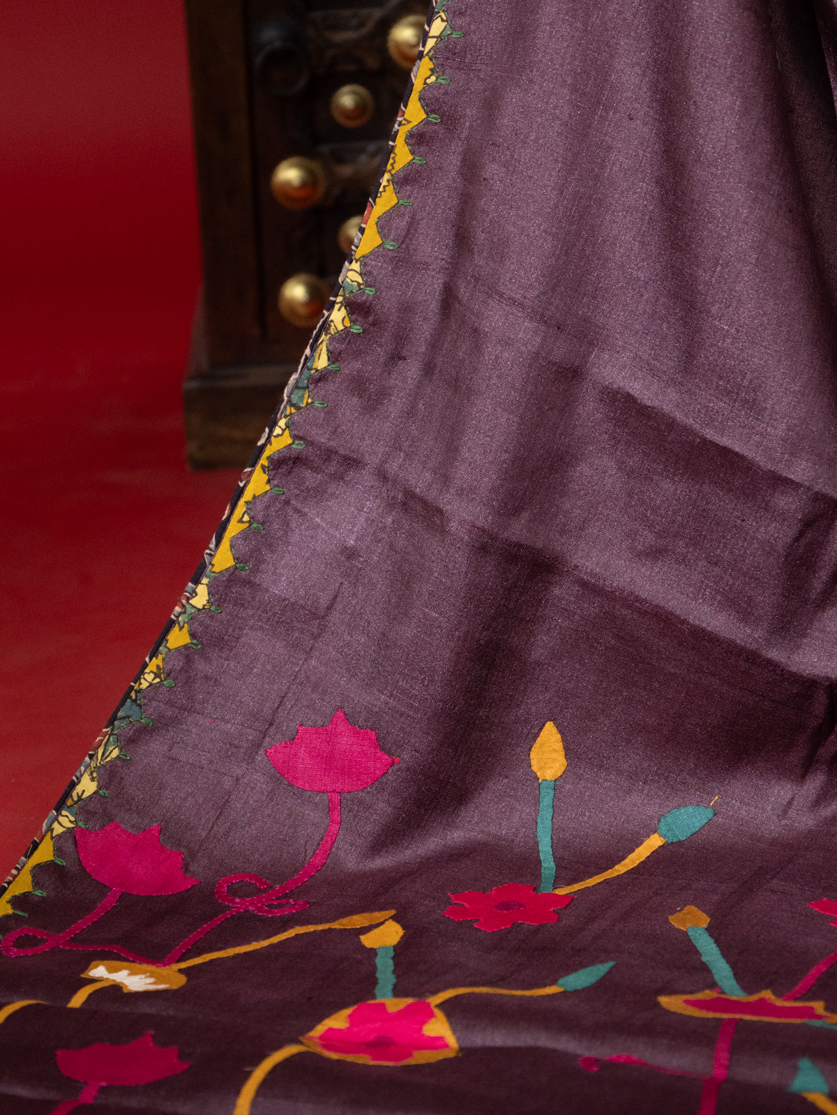 Deep Wine & Black Tussar Silk Saree With Applique Work