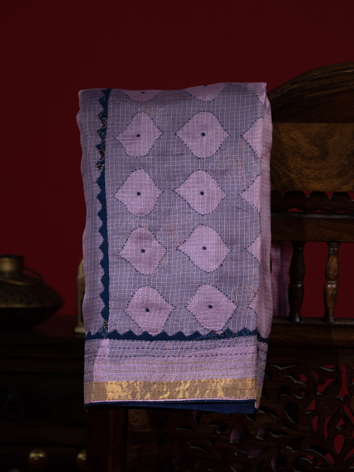 Lotus Pink & Navy Blue Silk Kota Saree With Reverse Applique Work