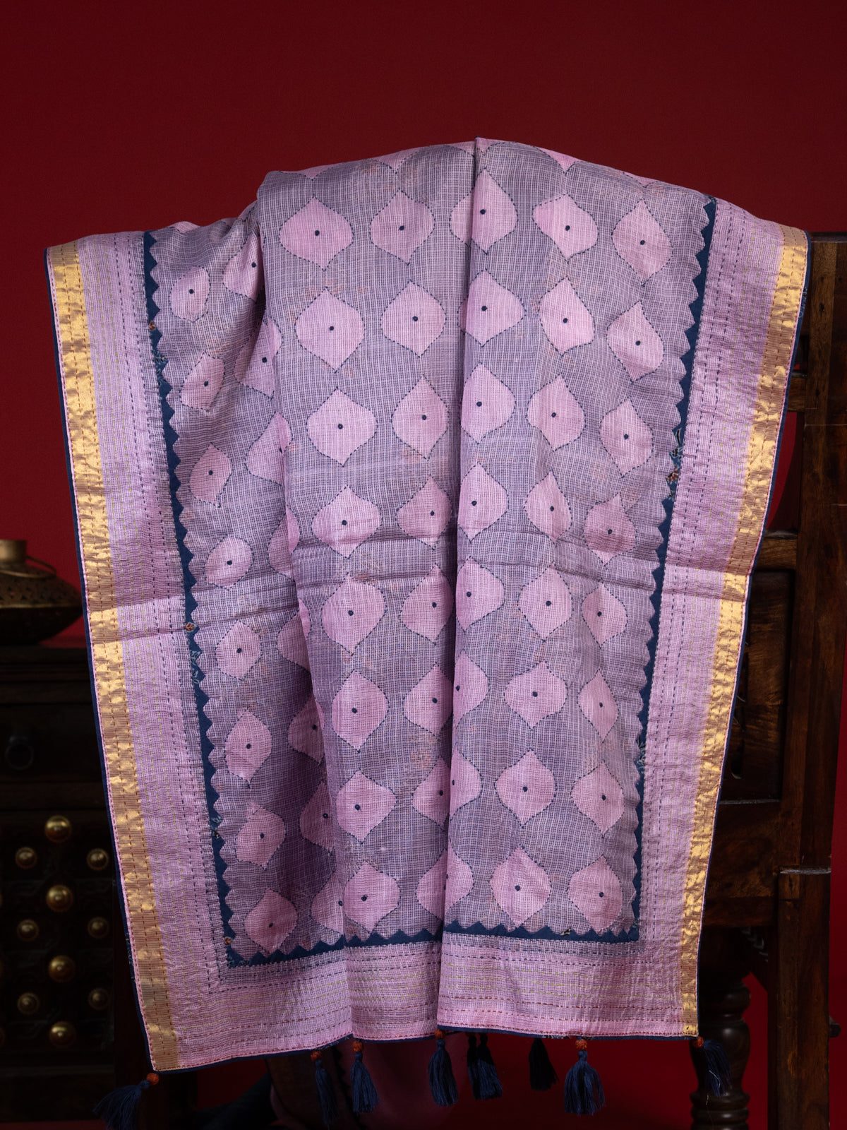 Lotus Pink & Navy Blue Silk Kota Saree With Reverse Applique Work