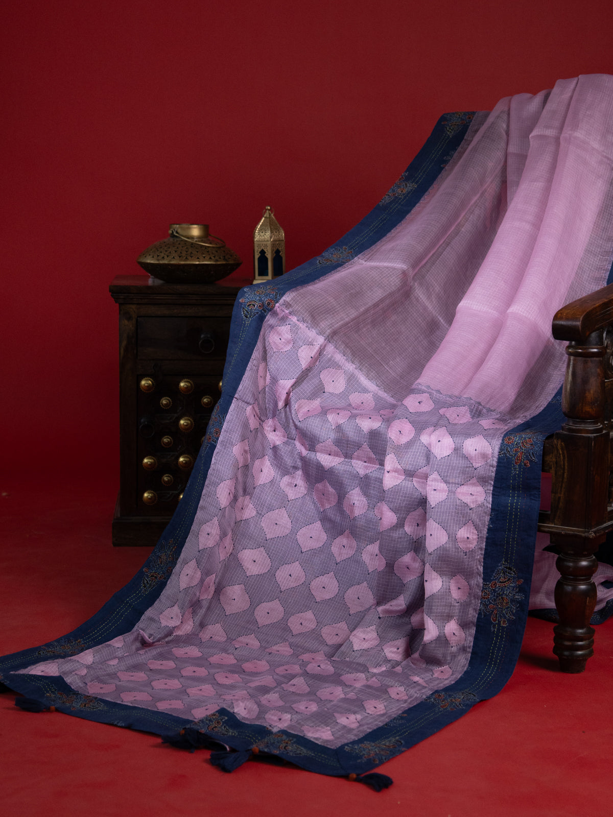 Lotus Pink & Navy Blue Silk Kota Saree With Reverse Applique Work
