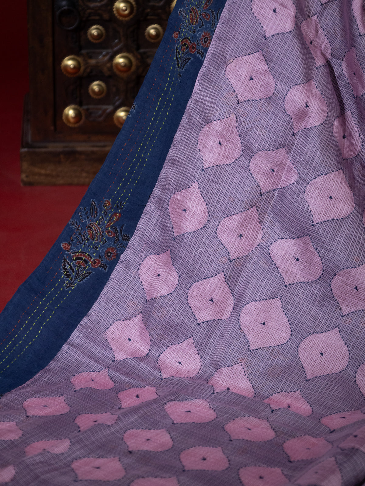 Lotus Pink & Navy Blue Silk Kota Saree With Reverse Applique Work