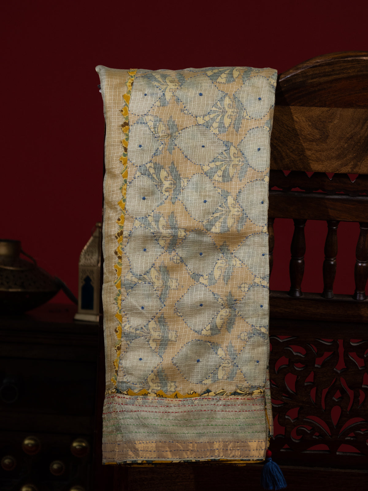Pista Green Silk Kota Saree With Reverse Applique Work