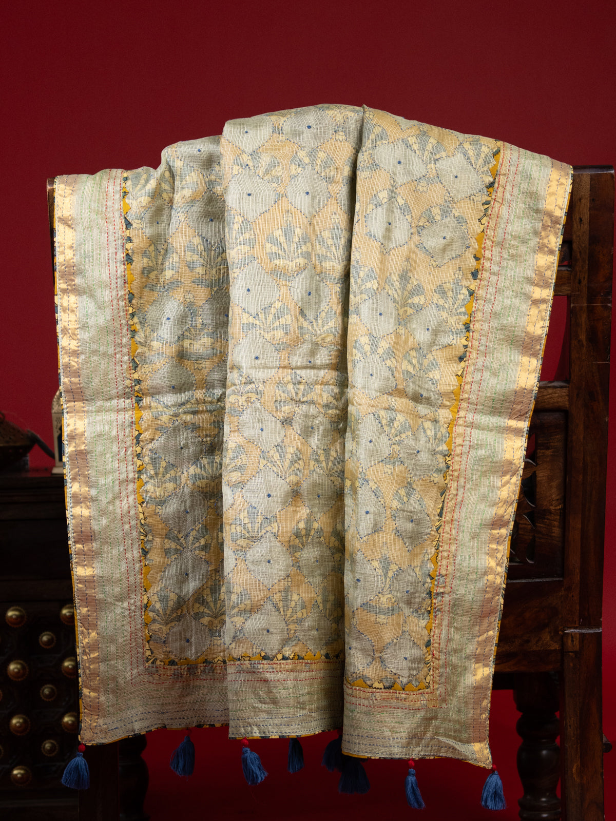 Pista Green Silk Kota Saree With Reverse Applique Work