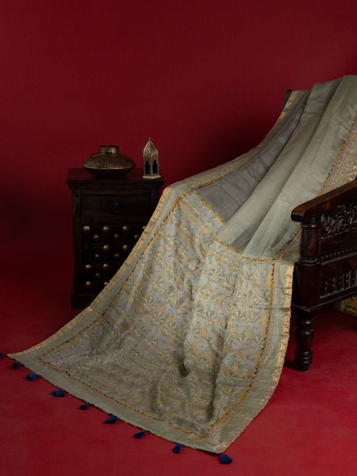 Pista Green Silk Kota Saree With Reverse Applique Work