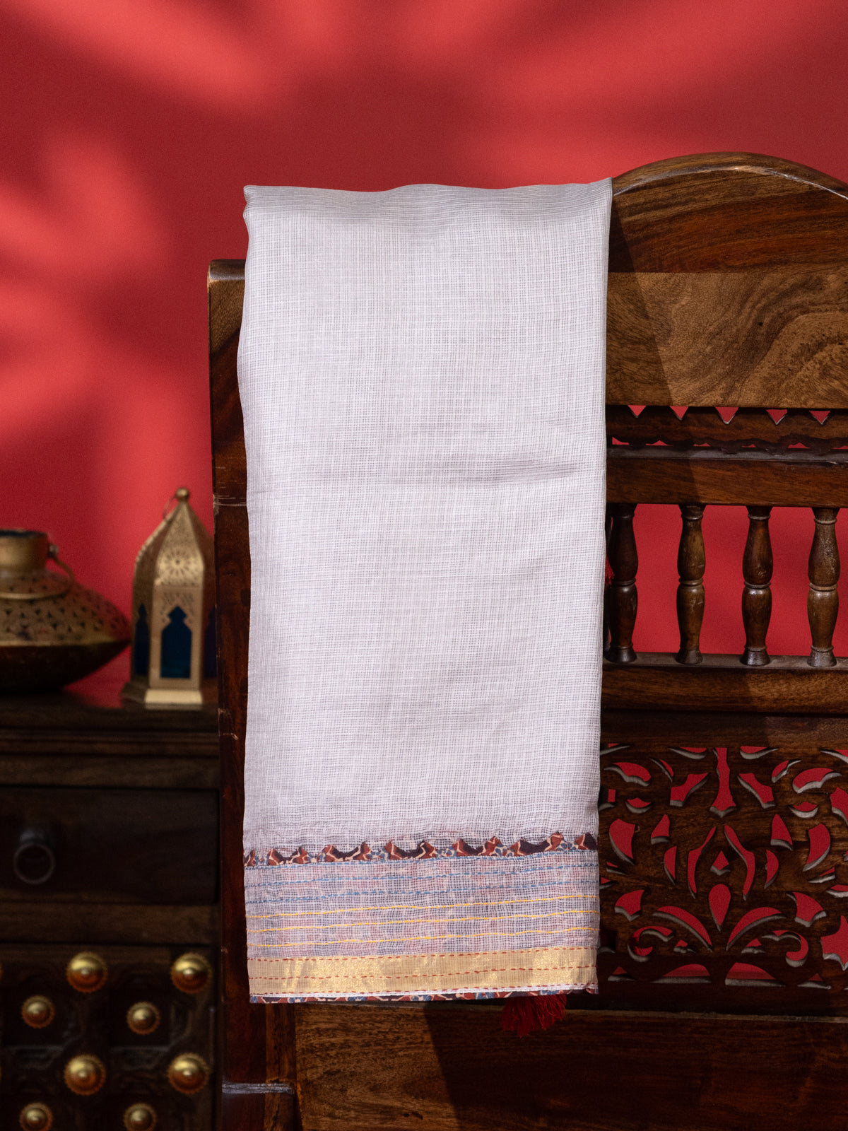 Grey Silk Kota Saree With Reverse Applique Work