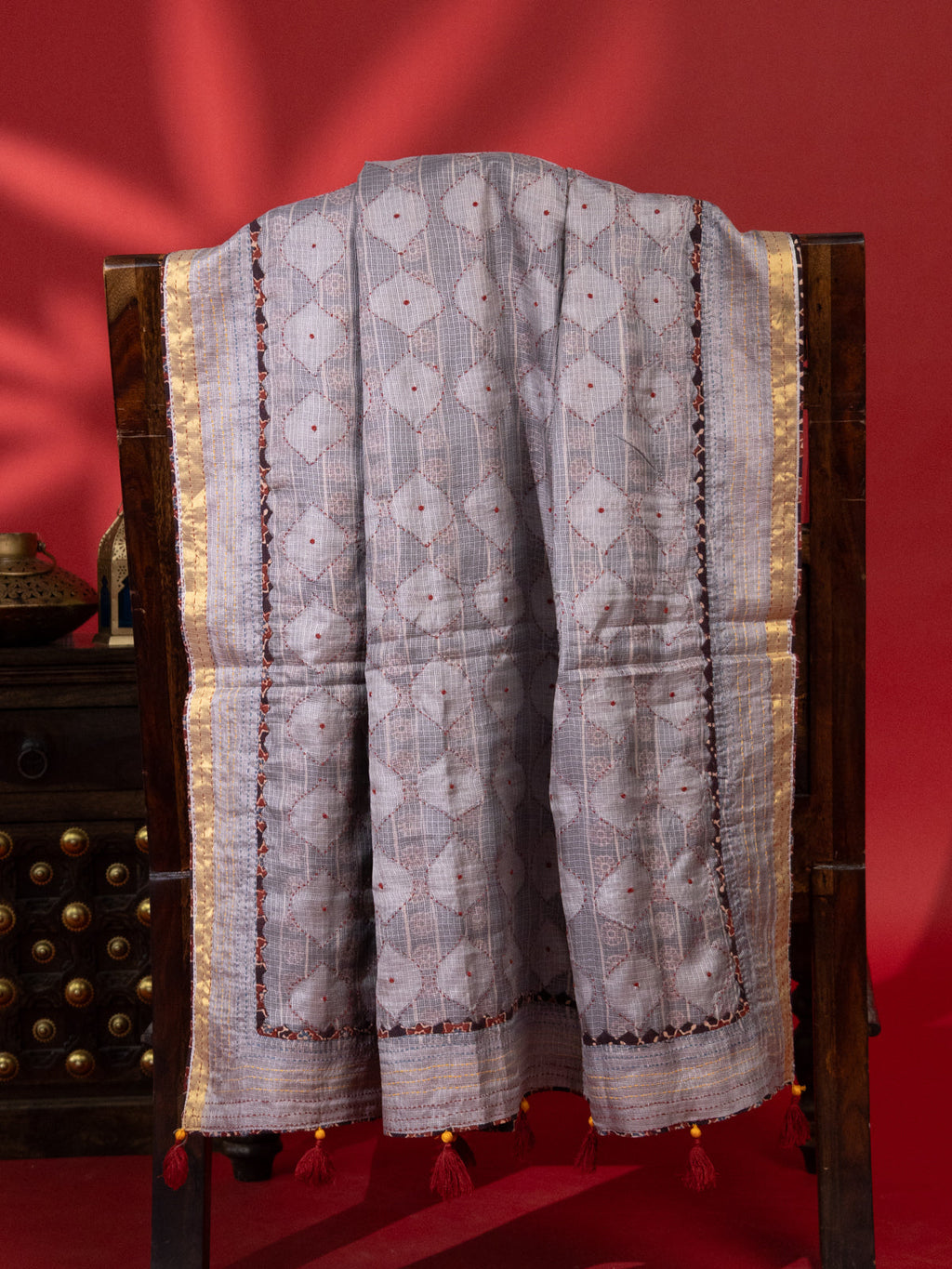 Grey Silk Kota Saree With Reverse Applique Work
