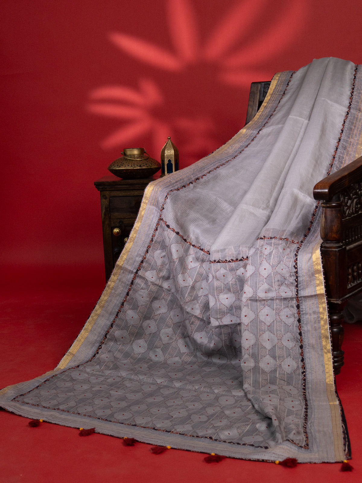 Grey Silk Kota Saree With Reverse Applique Work