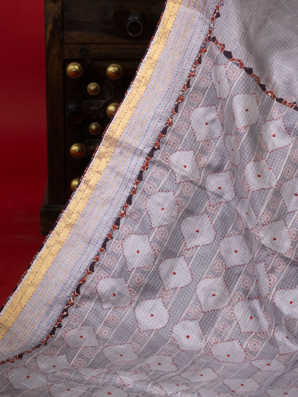 Grey Silk Kota Saree With Reverse Applique Work