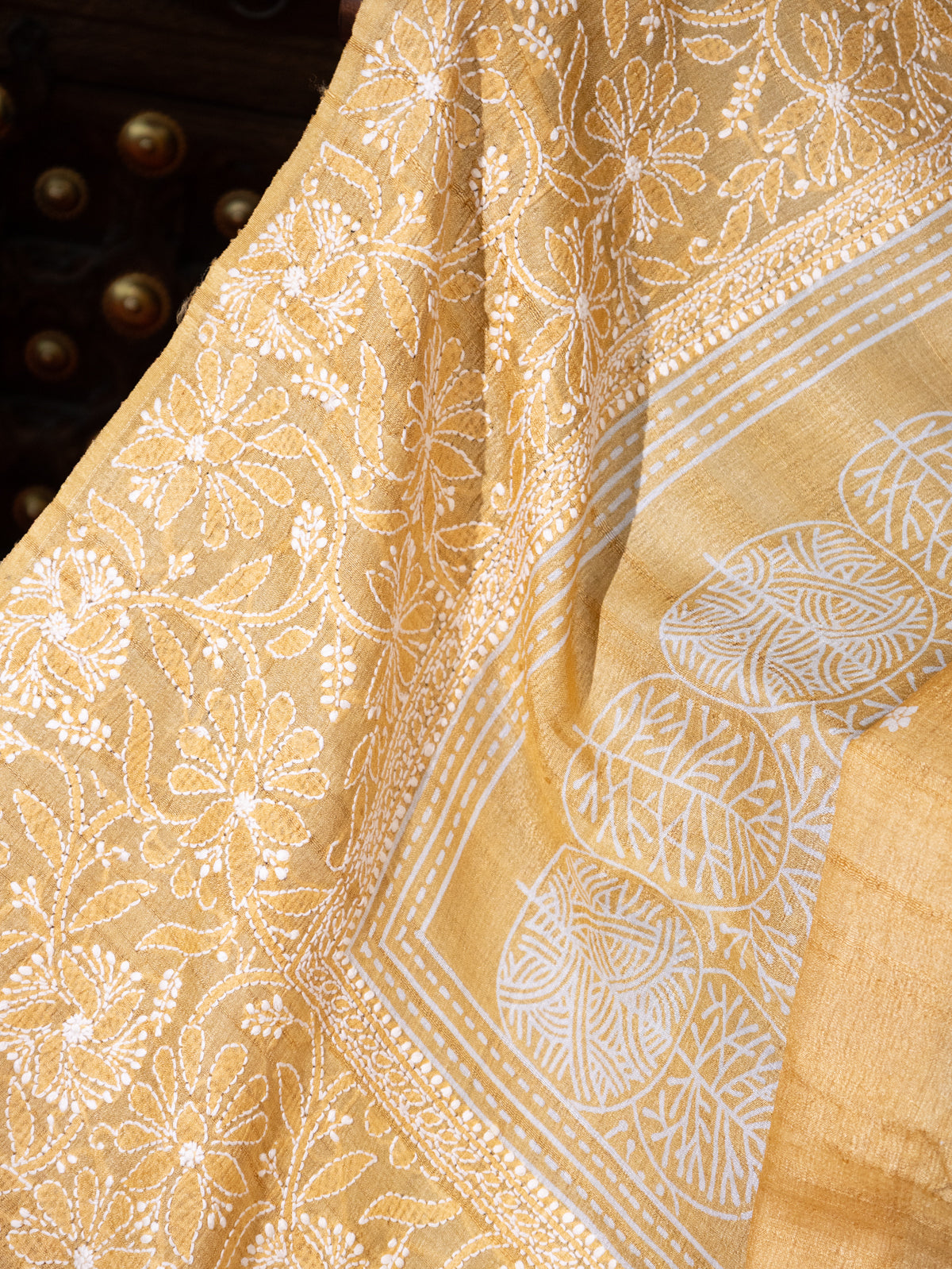 Yellow Tussar Silk Saree With Border Embroidery