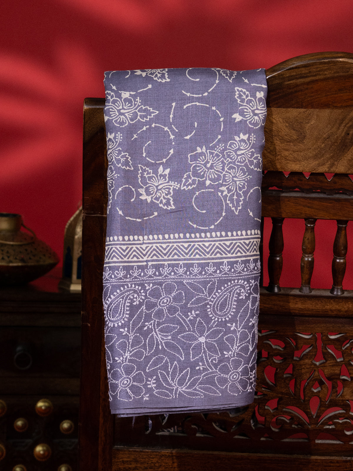 Bluish Grey Tussar Silk Saree Border Embroidery
