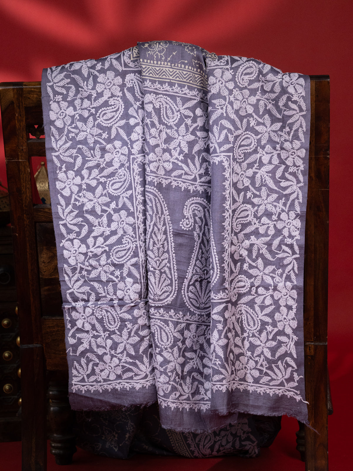 Bluish Grey Tussar Silk Saree Border Embroidery