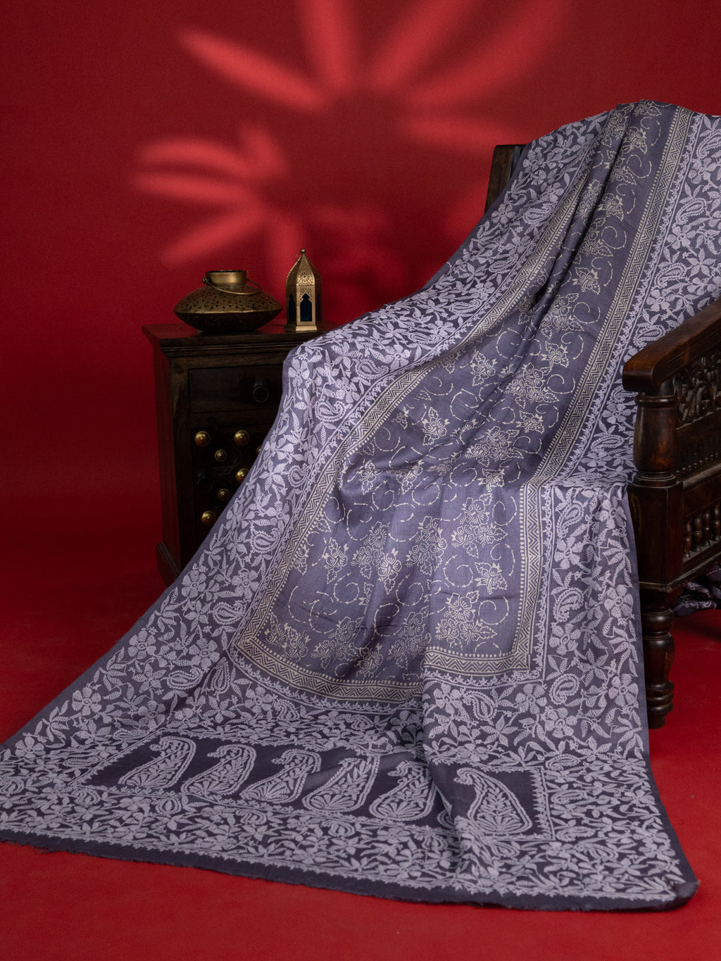 Bluish Grey Tussar Silk Saree Border Embroidery
