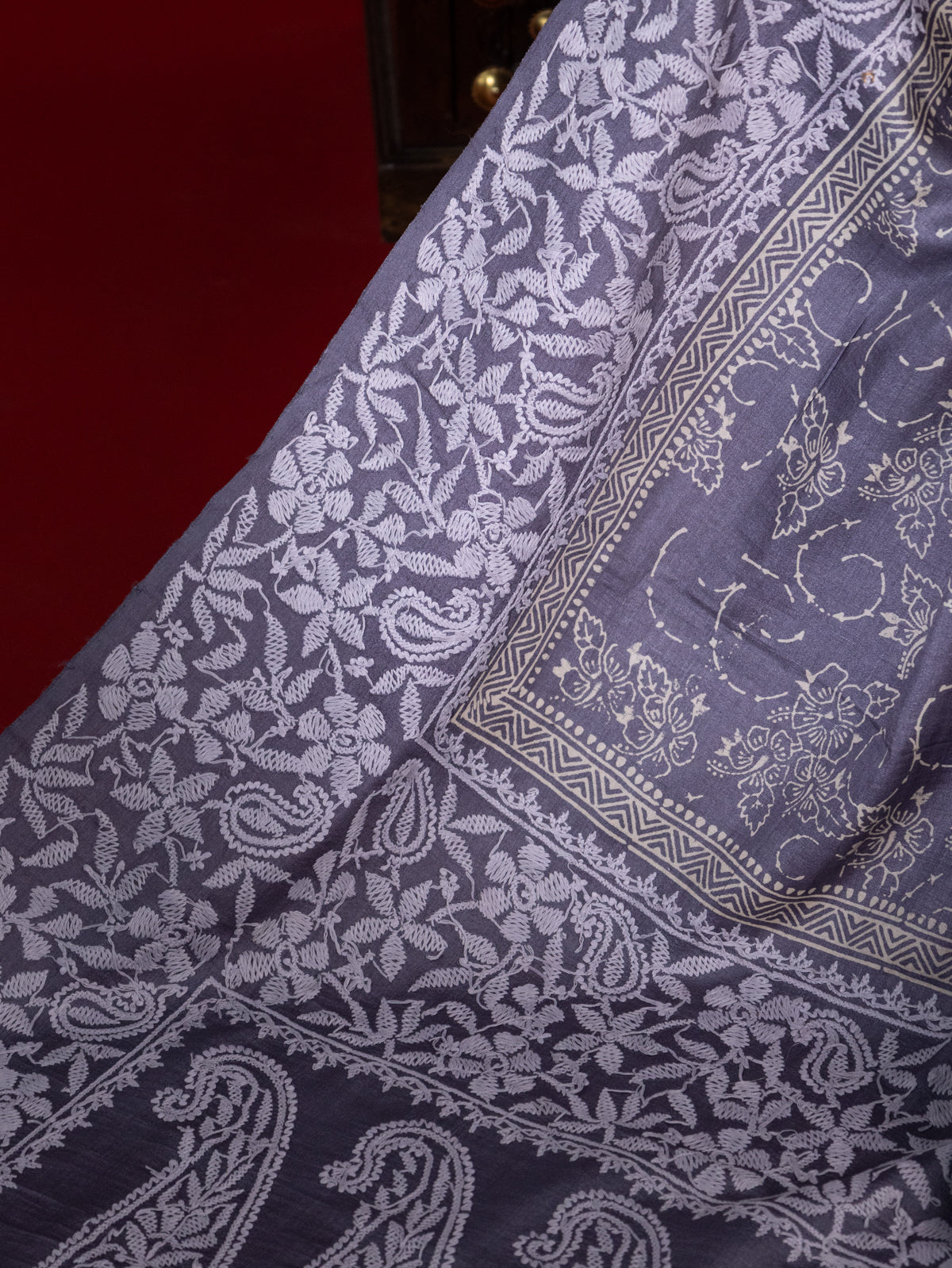 Bluish Grey Tussar Silk Saree Border Embroidery