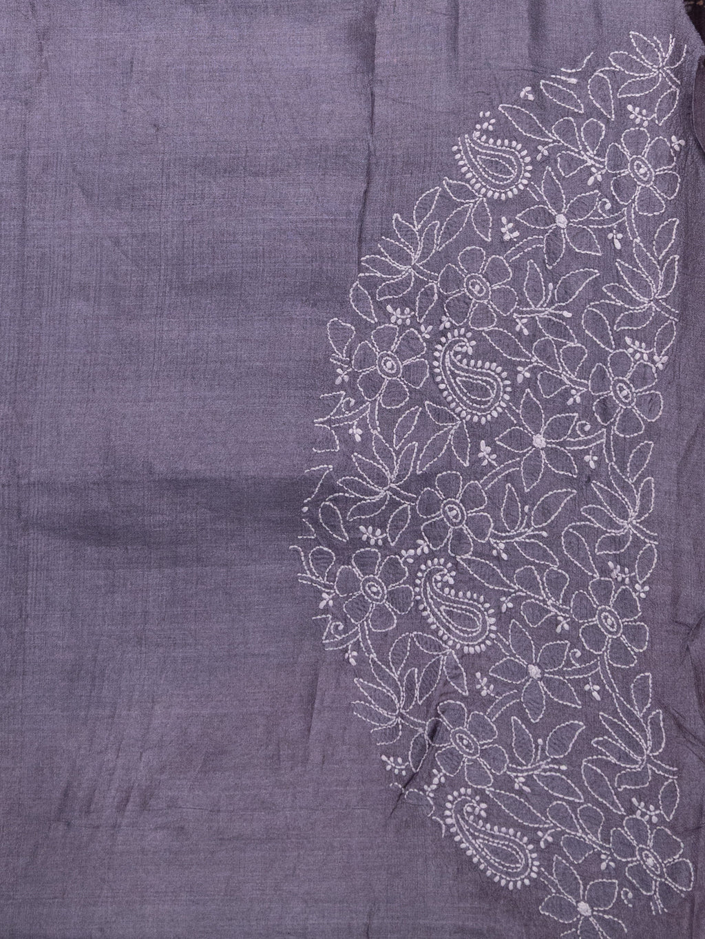 Bluish Grey Tussar Silk Saree Border Embroidery