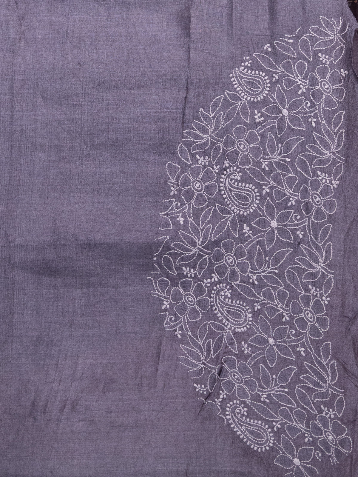 Bluish Grey Tussar Silk Saree Border Embroidery