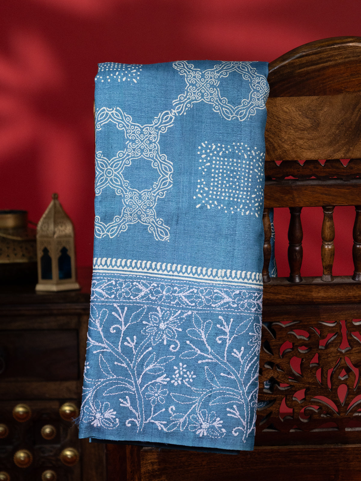 Cs Blue Tussar Silk Saree Border Embroidery