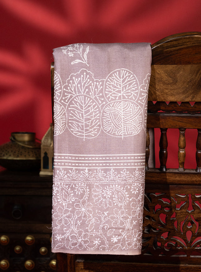 Brown Tussar Silk Saree With Border Embroidery