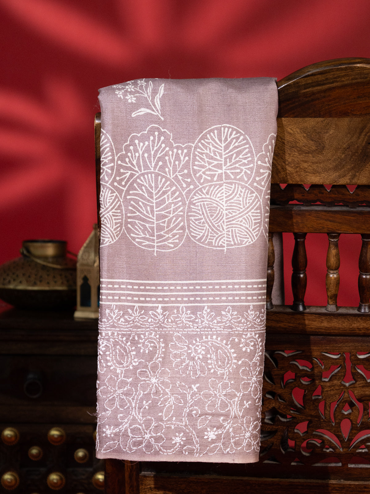 Brown Tussar Silk Saree With Border Embroidery