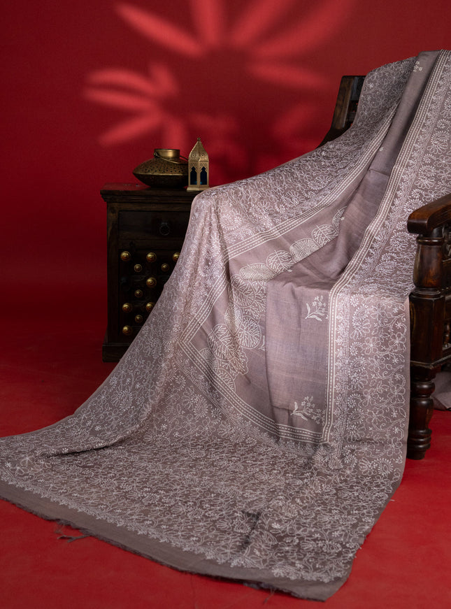 Brown Tussar Silk Saree With Border Embroidery