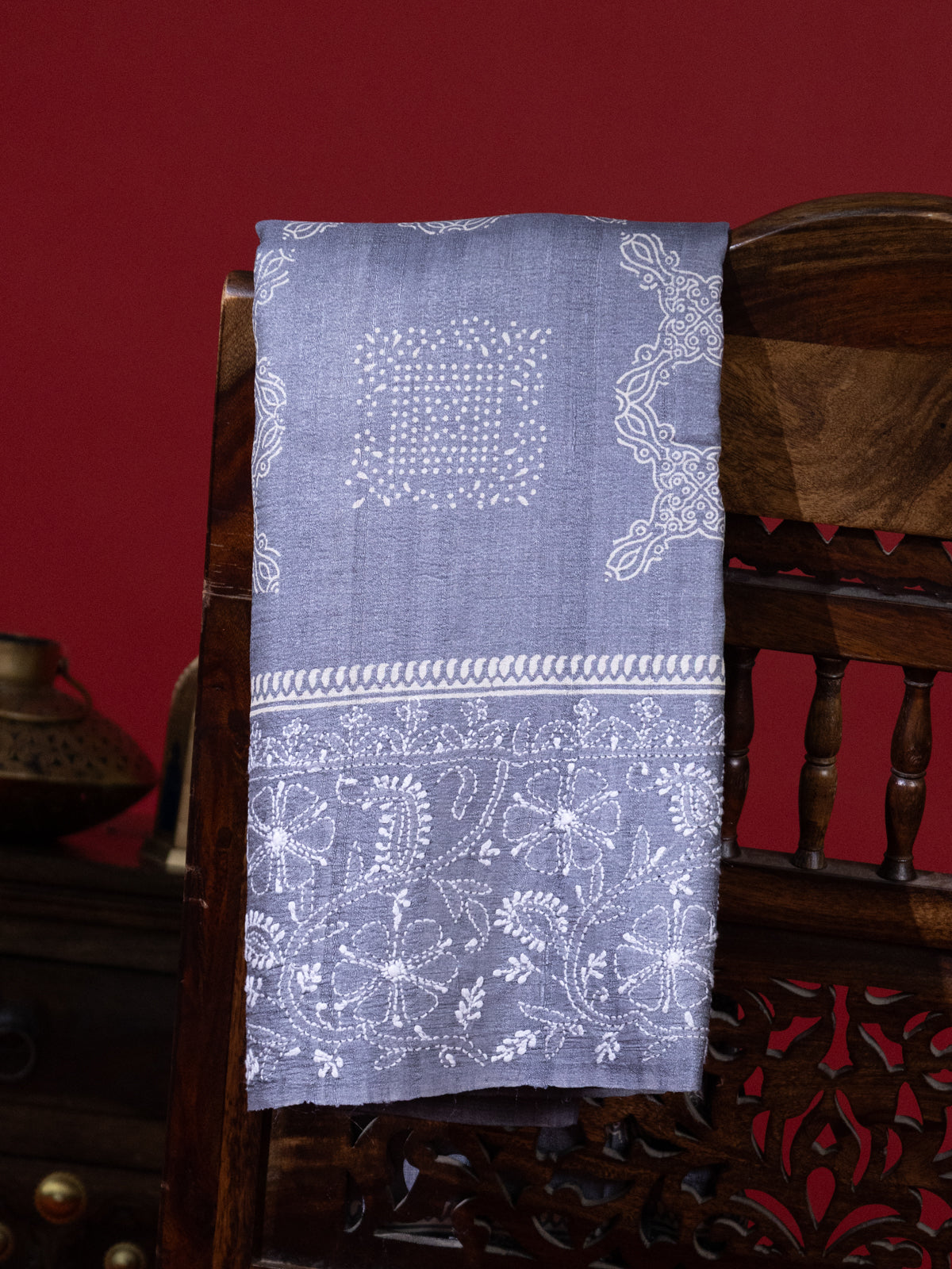 Grey Tussar Silk Saree With Border Embroidery