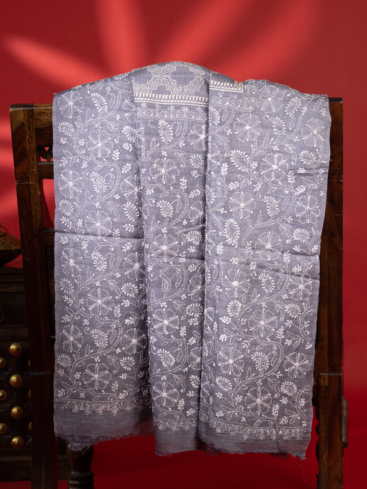 Grey Tussar Silk Saree With Border Embroidery
