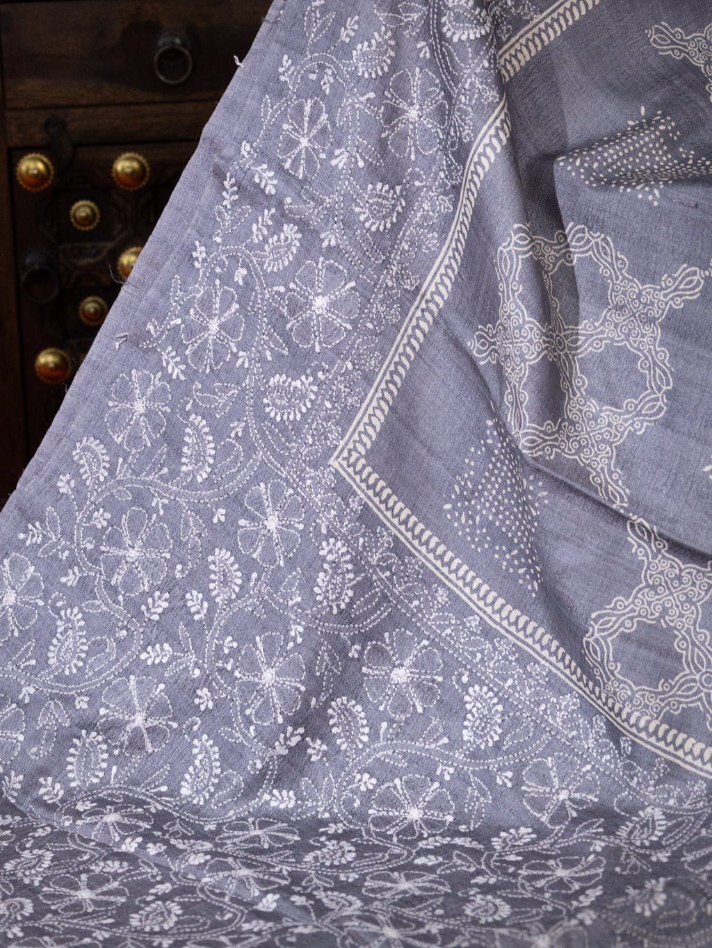 Grey Tussar Silk Saree With Border Embroidery
