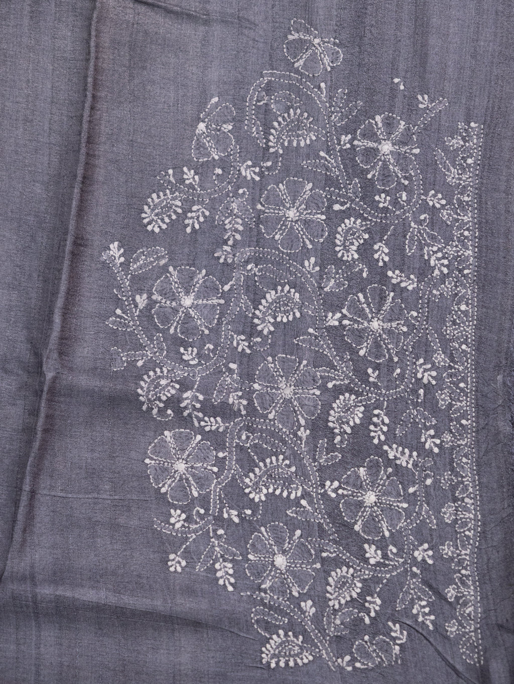 Grey Tussar Silk Saree With Border Embroidery