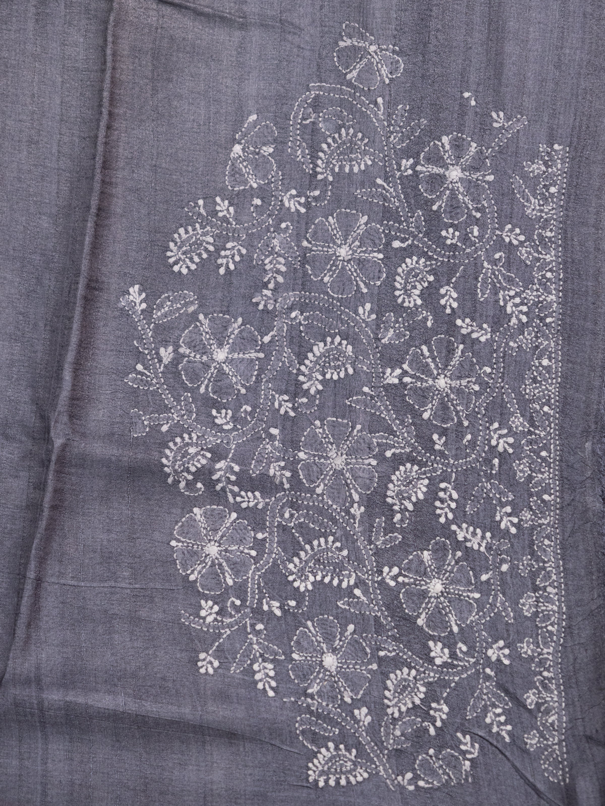 Grey Tussar Silk Saree With Border Embroidery