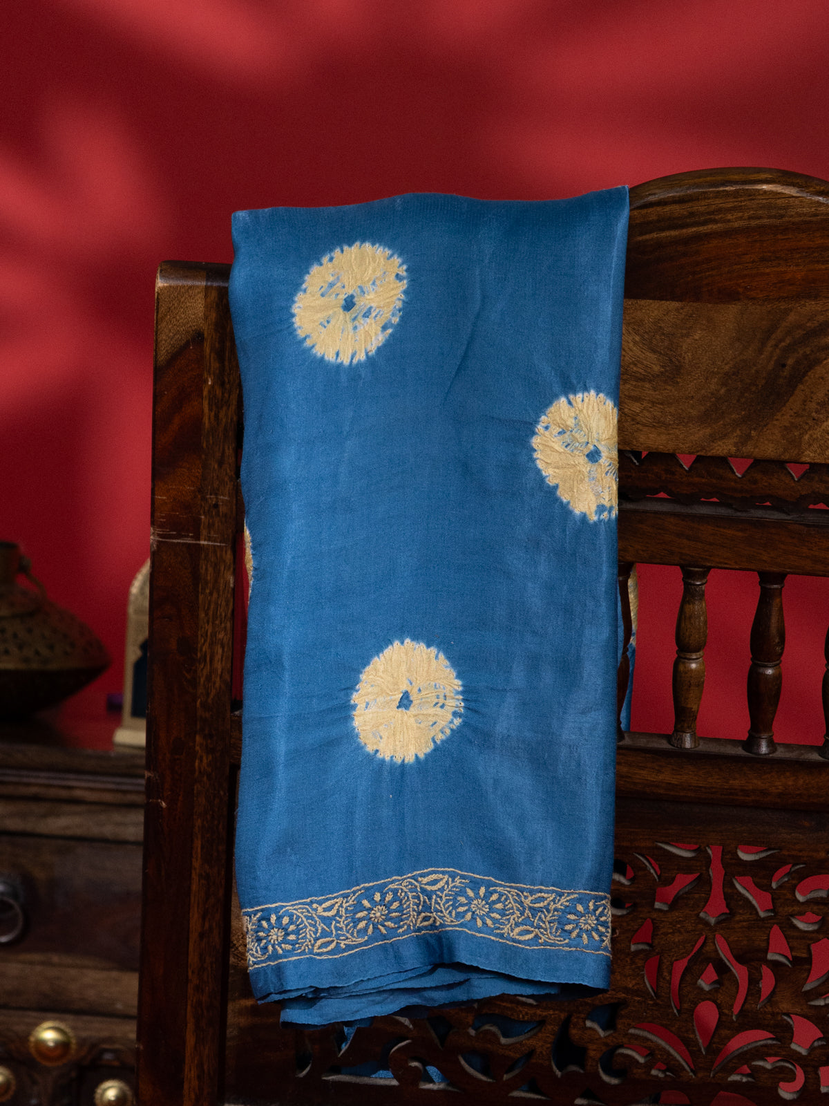 Blue Gajji Silk With Tie & Dye Buttas And Kutch Embroidery