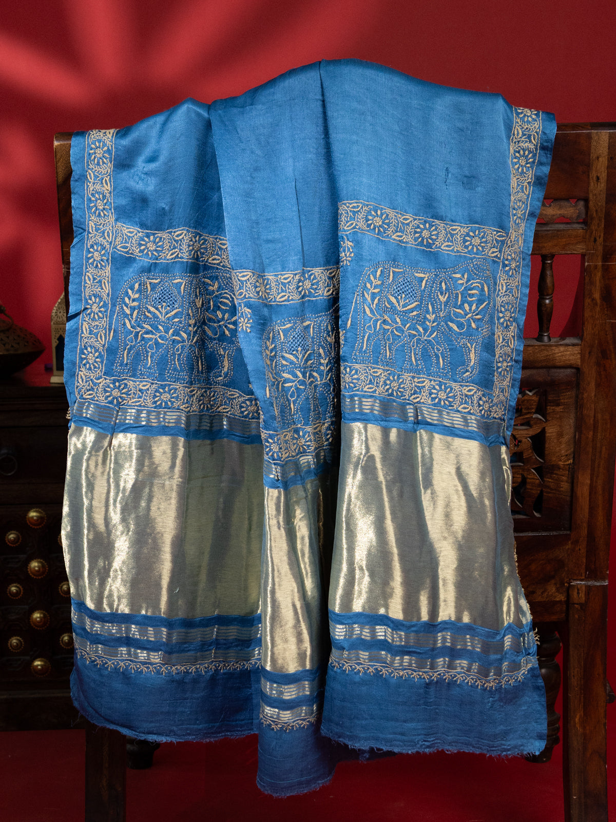 Blue Gajji Silk With Tie & Dye Buttas And Kutch Embroidery