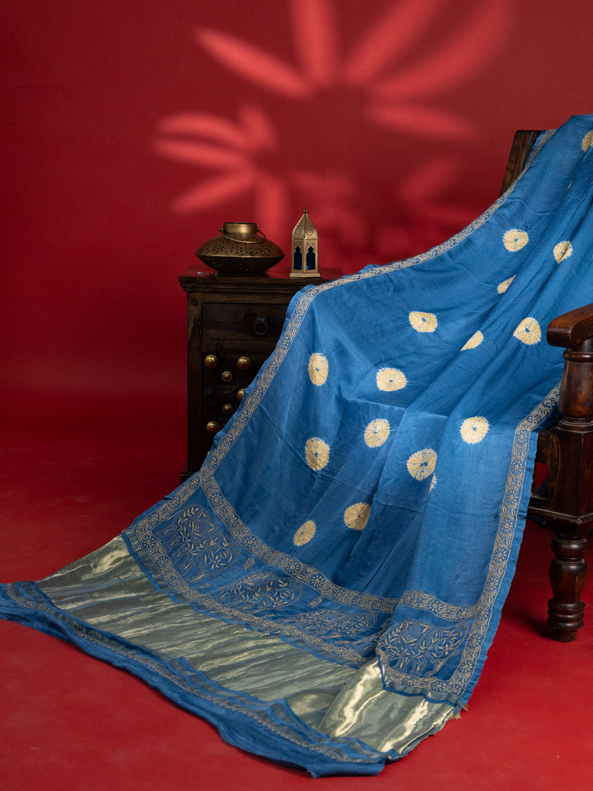 Blue Gajji Silk With Tie & Dye Buttas And Kutch Embroidery