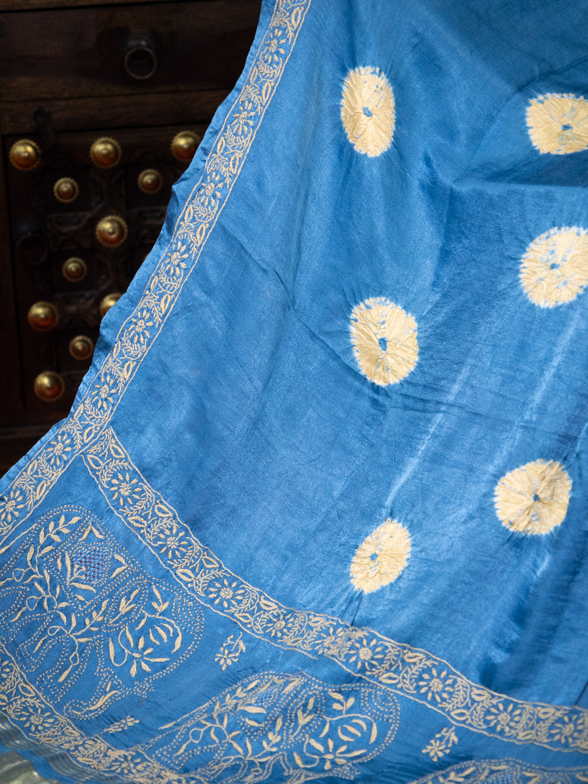 Blue Gajji Silk With Tie & Dye Buttas And Kutch Embroidery