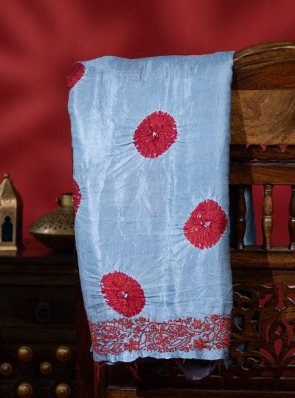 Pastel Blue Satin Tussar Silk Saree With Bandhej