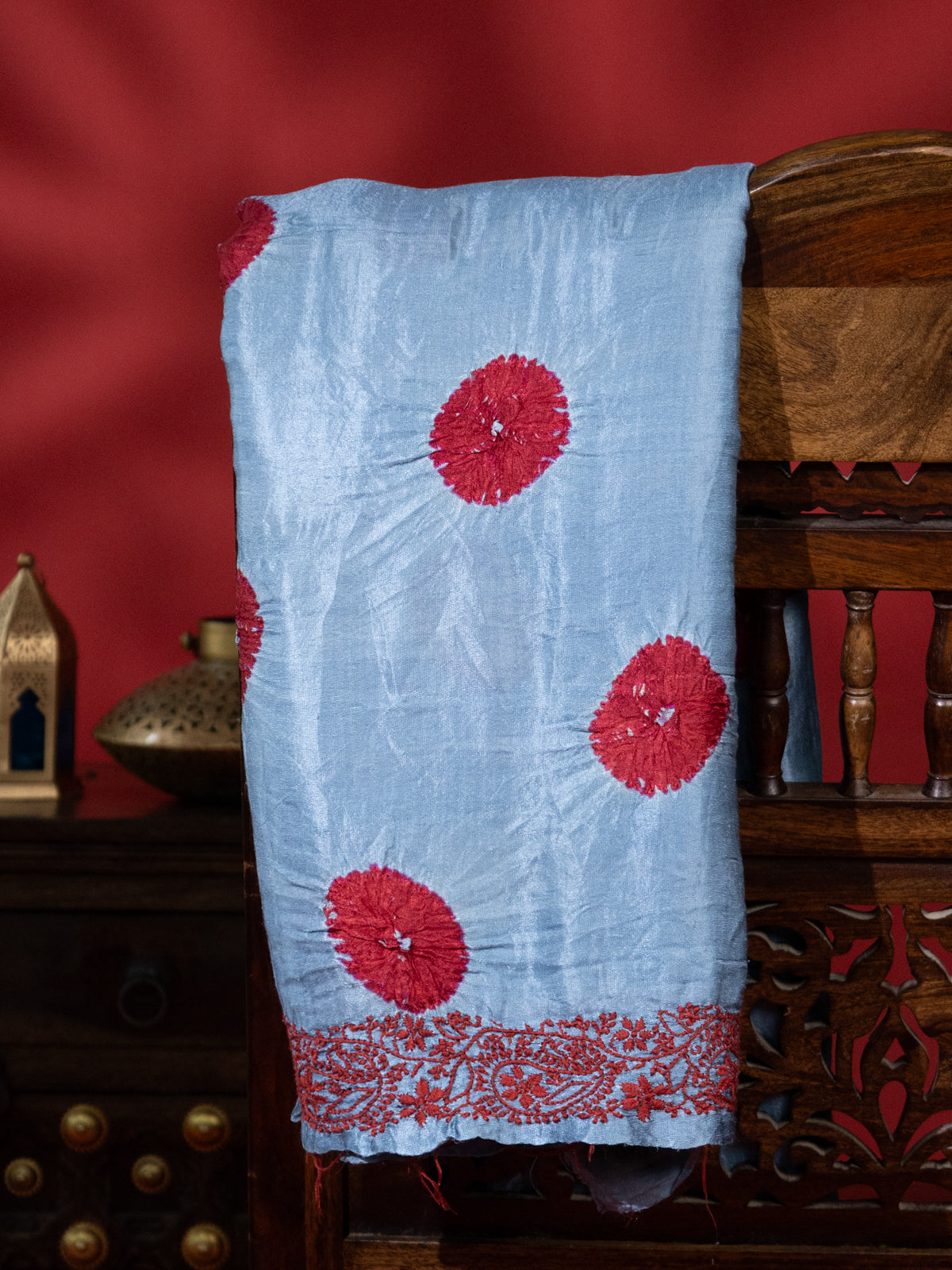 Pastel Blue Satin Tussar Silk Saree With Bandhej