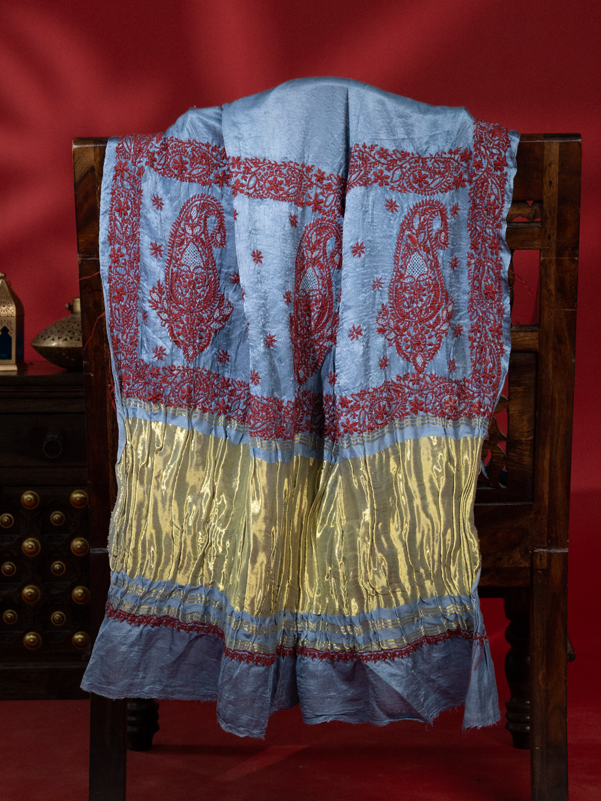 Pastel Blue Satin Tussar Silk Saree With Bandhej