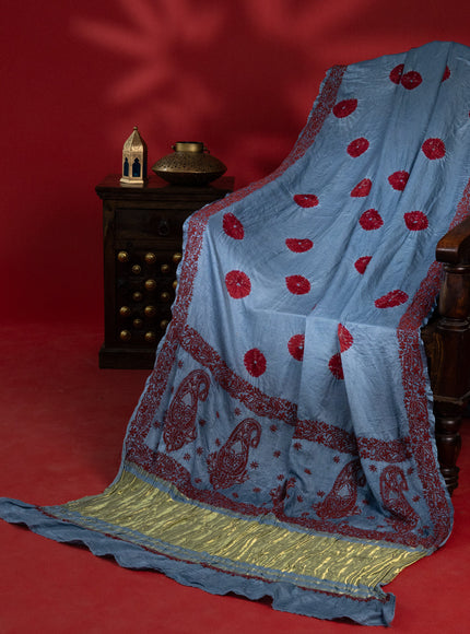 Pastel Blue Satin Tussar Silk Saree With Bandhej