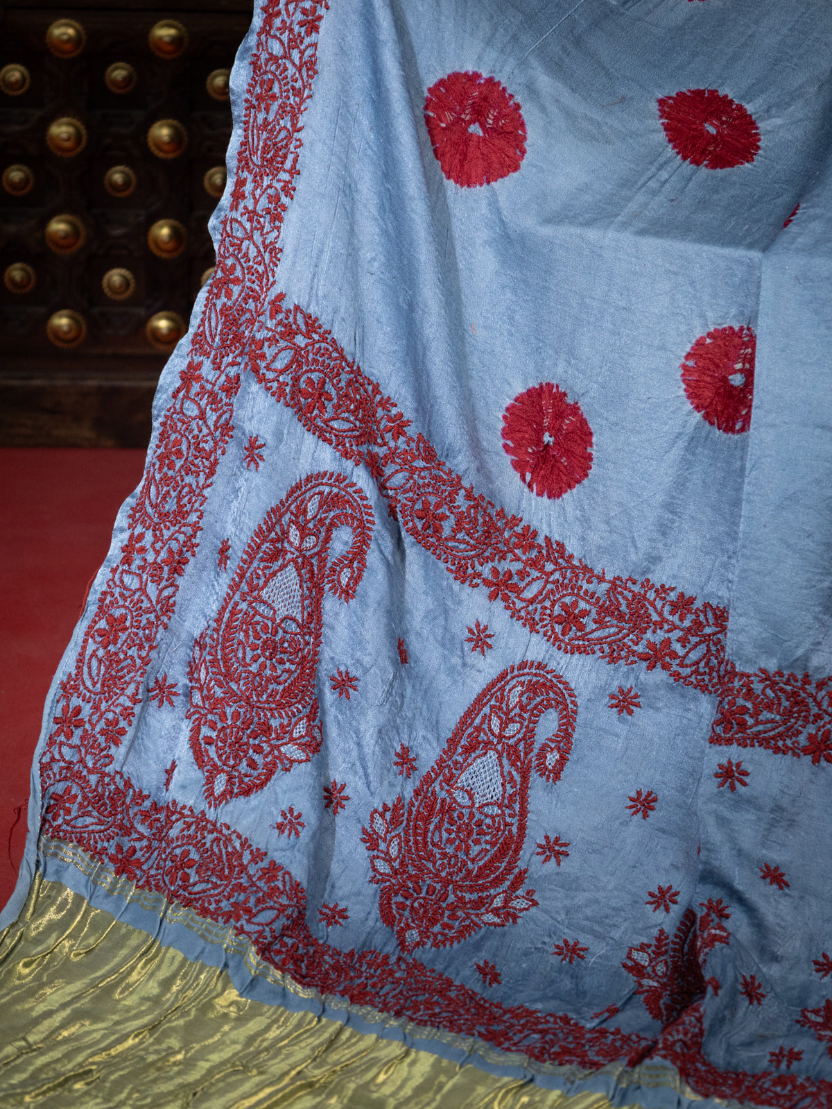 Pastel Blue Satin Tussar Silk Saree With Bandhej