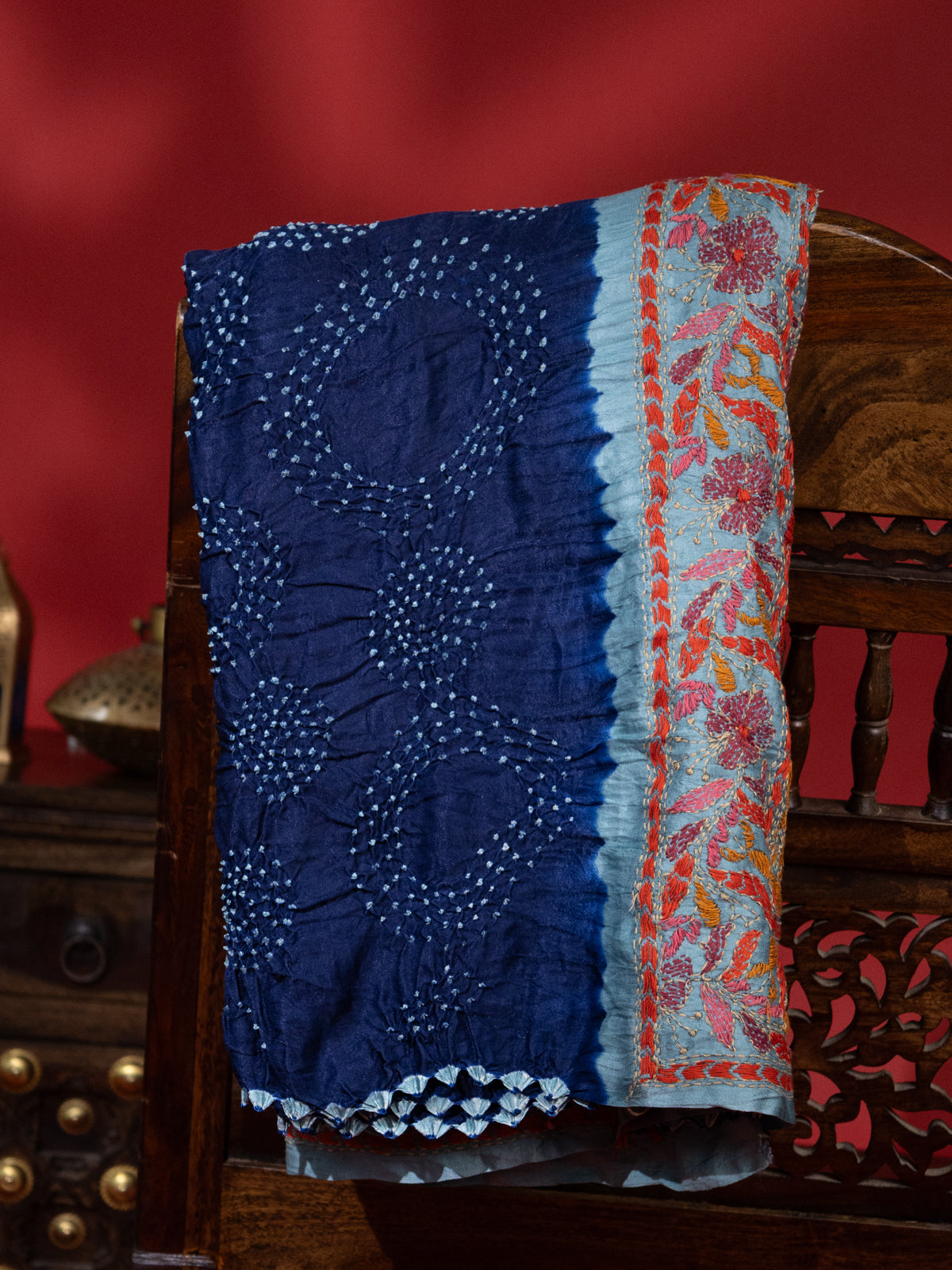 Blue & Pastel Blue Gajji Silk With Bandhej And Kutch Embroidery