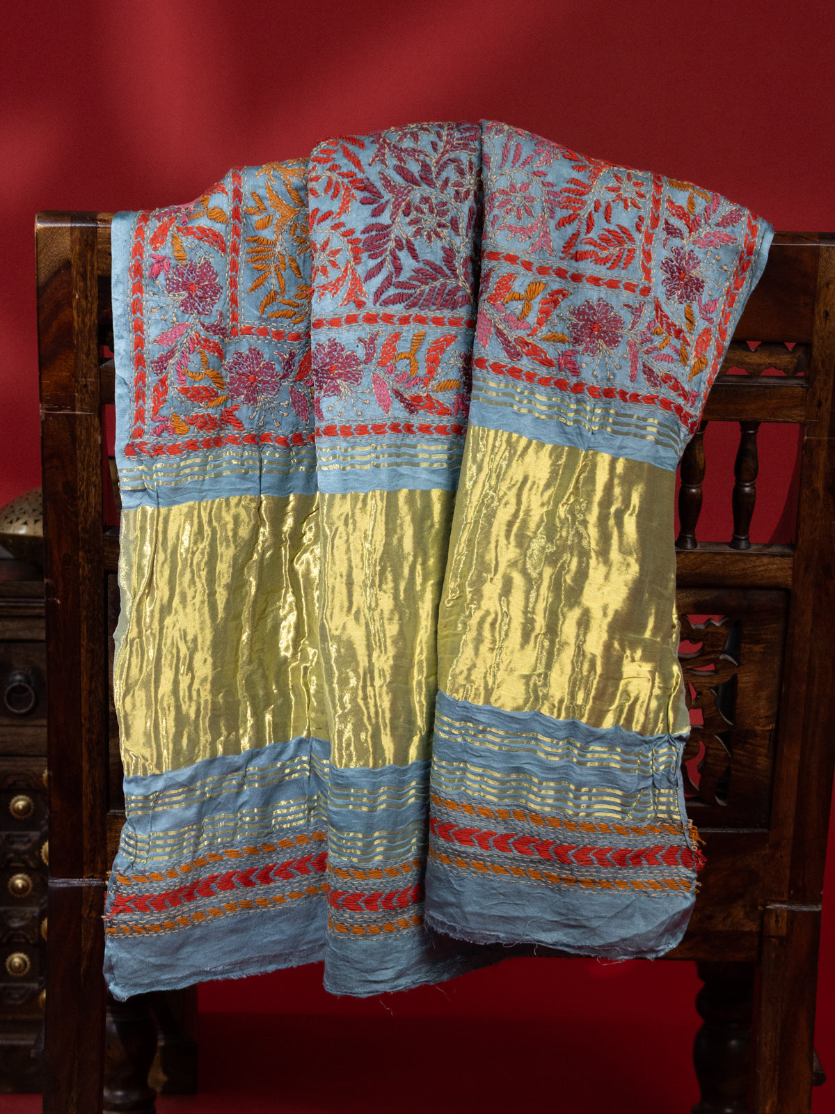 Blue & Pastel Blue Gajji Silk With Bandhej And Kutch Embroidery