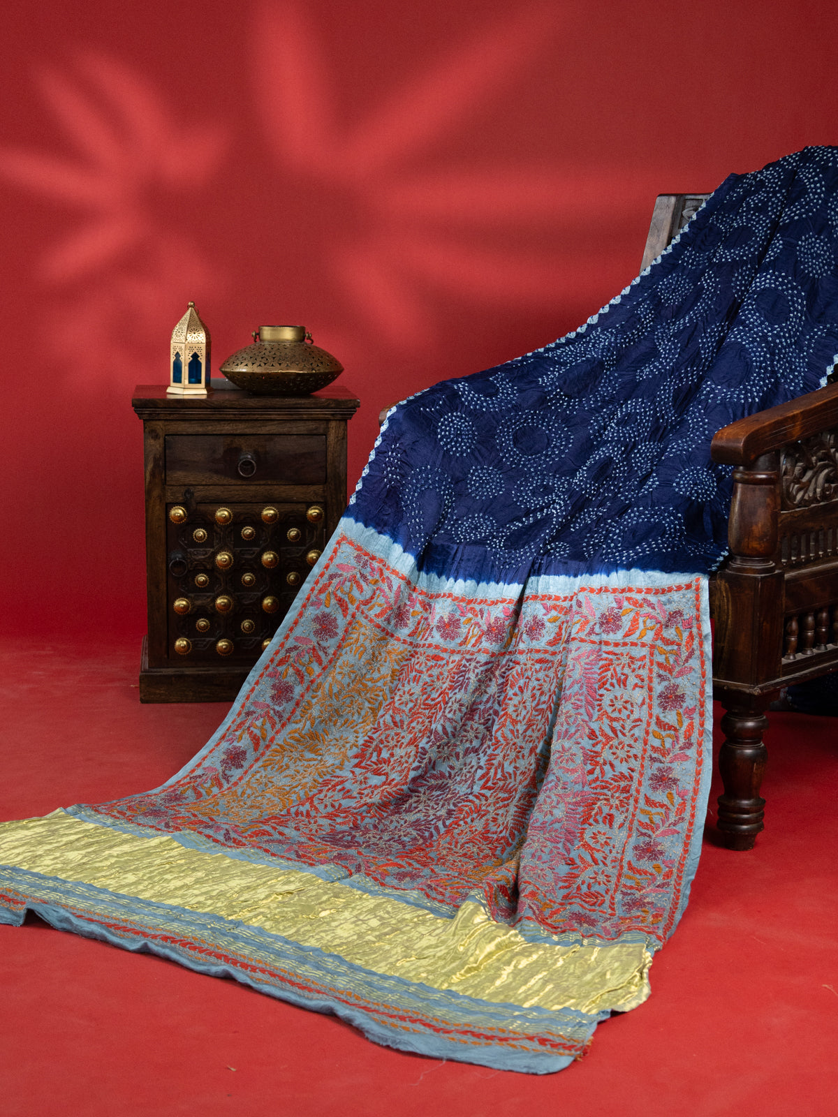 Blue & Pastel Blue Gajji Silk With Bandhej And Kutch Embroidery