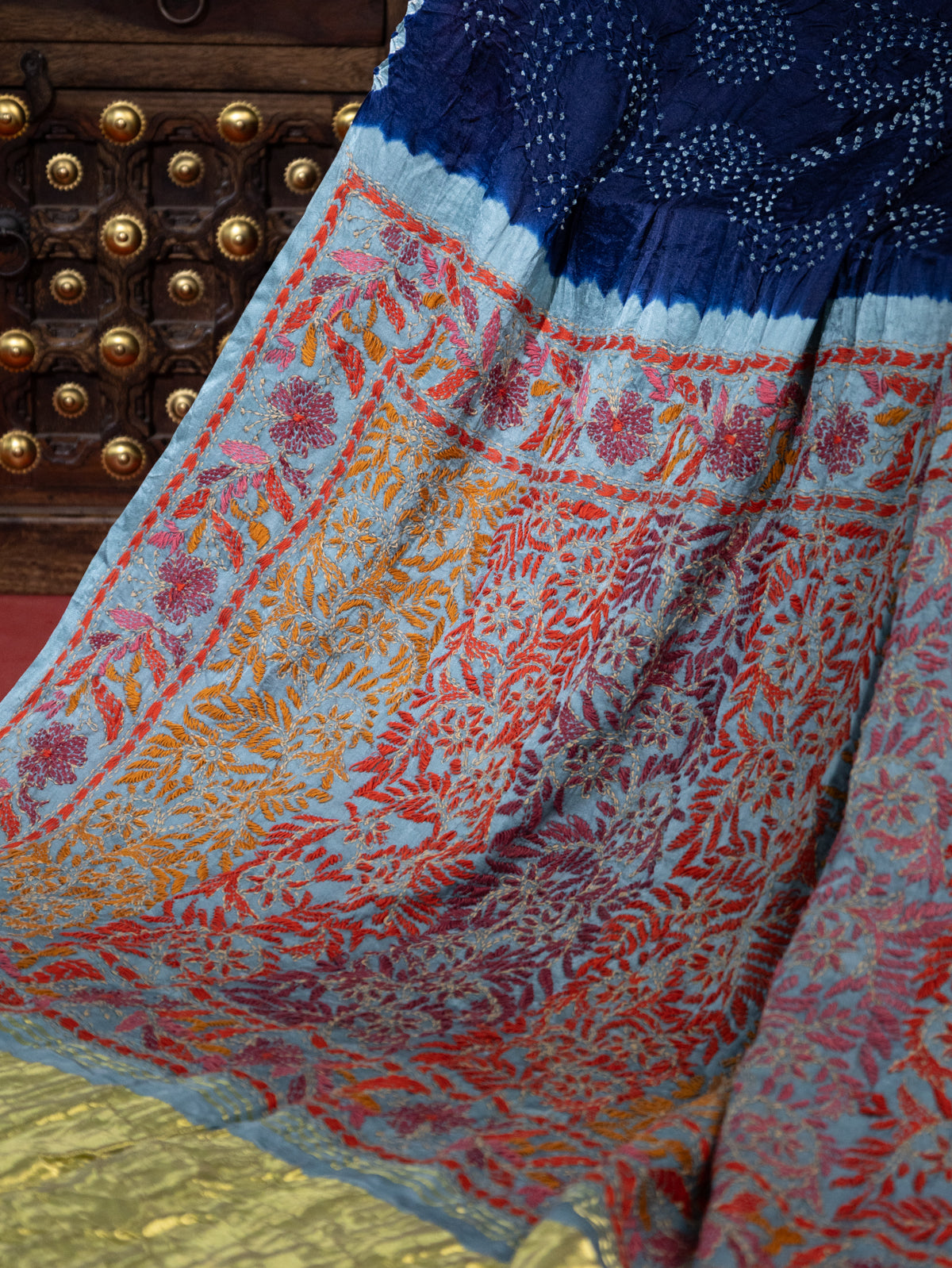 Blue & Pastel Blue Gajji Silk With Bandhej And Kutch Embroidery