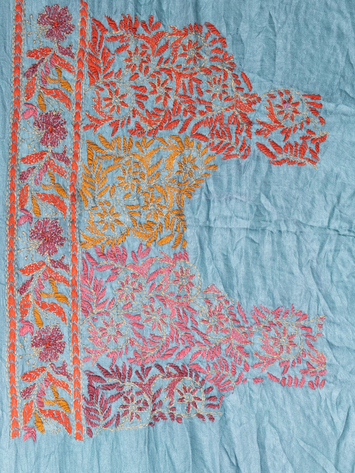 Blue & Pastel Blue Gajji Silk With Bandhej And Kutch Embroidery