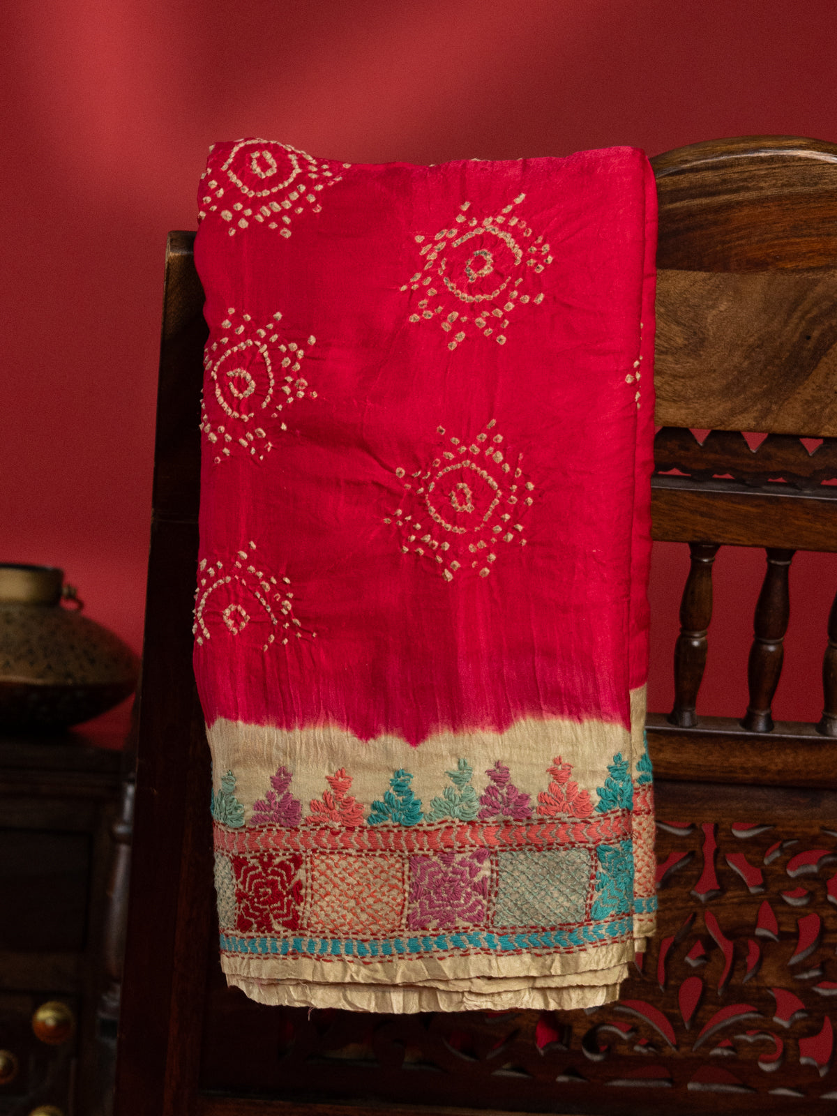 Pink & Beige Gajji Silk With Bandhej And Kutch Embroidery