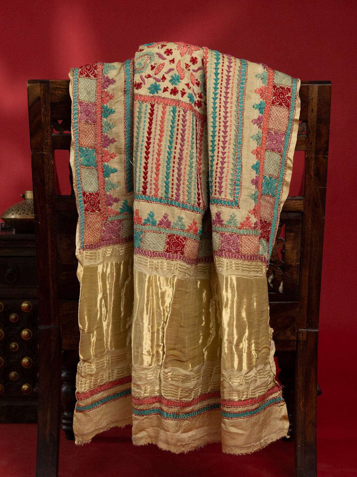 Pink & Beige Gajji Silk With Bandhej And Kutch Embroidery