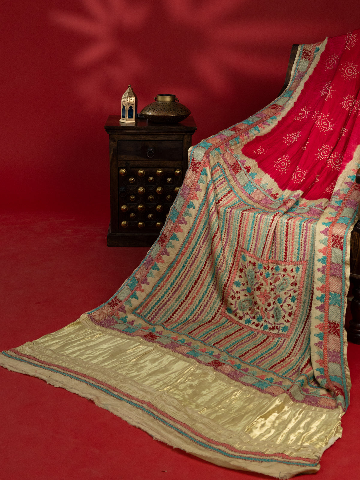 Pink & Beige Gajji Silk With Bandhej And Kutch Embroidery