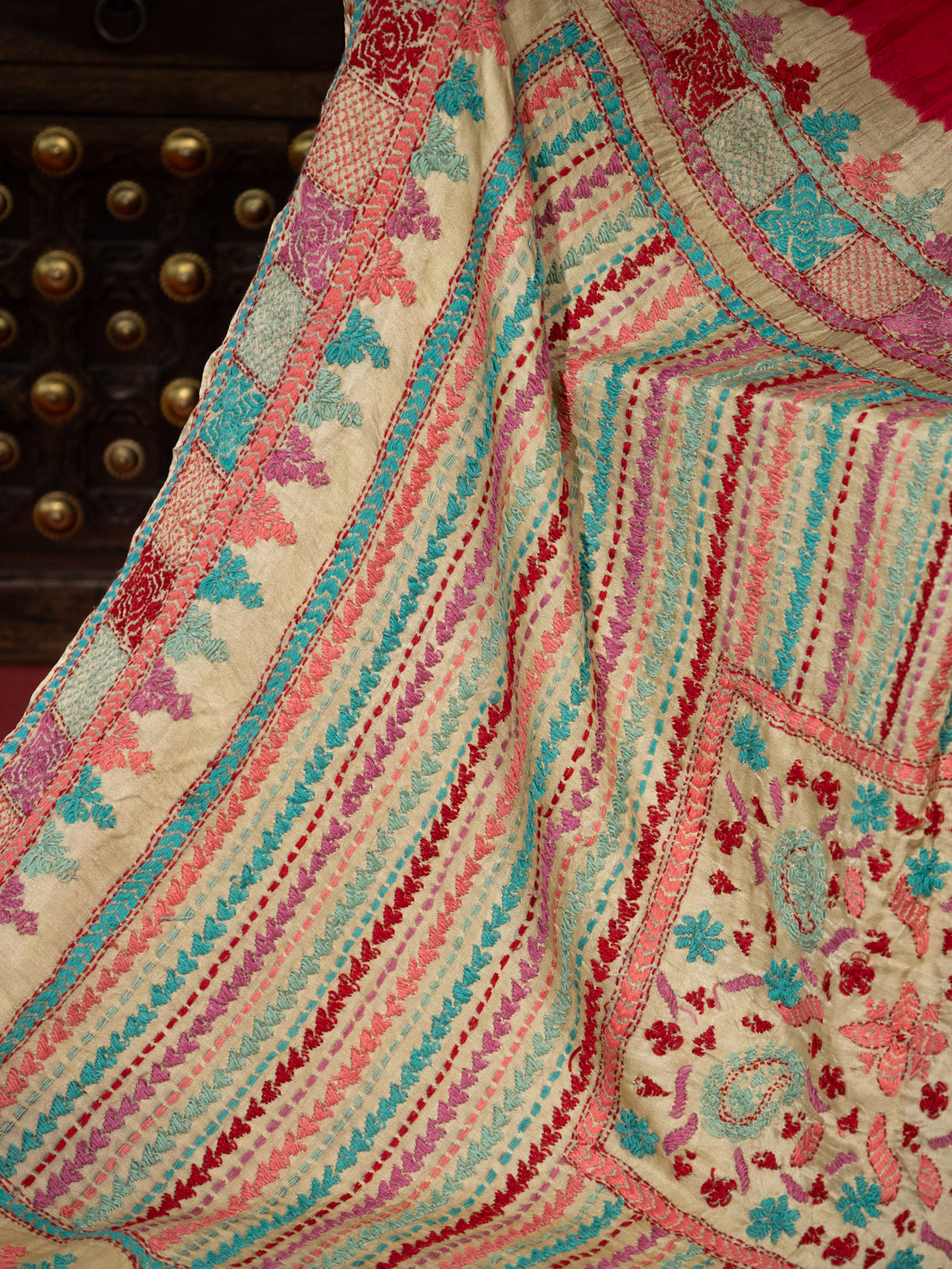 Pink & Beige Gajji Silk With Bandhej And Kutch Embroidery