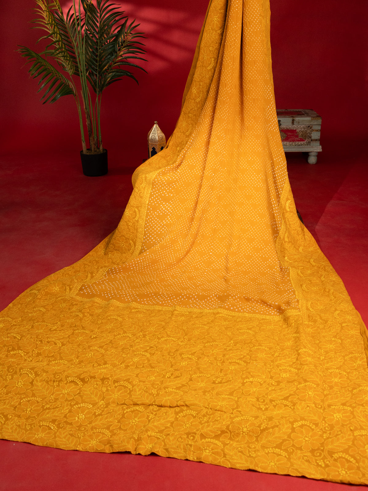 Mustard Yellow Georgette Silk Saree With Bandhej