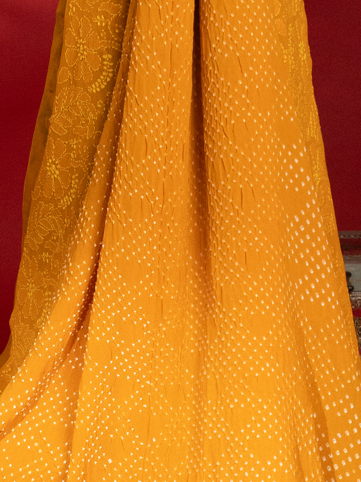 Mustard Yellow Georgette Silk Saree With Bandhej