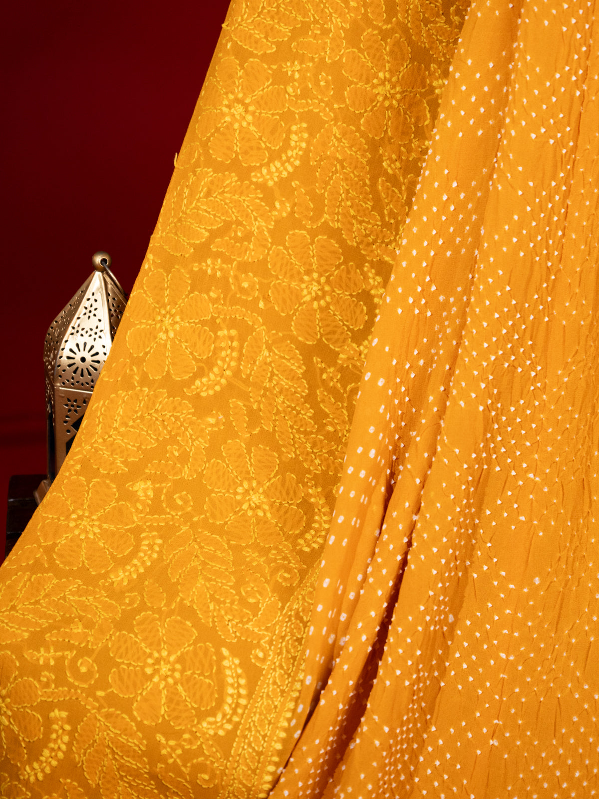 Mustard Yellow Georgette Silk Saree With Bandhej