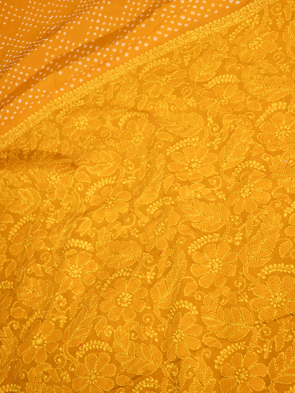 Mustard Yellow Georgette Silk Saree With Bandhej